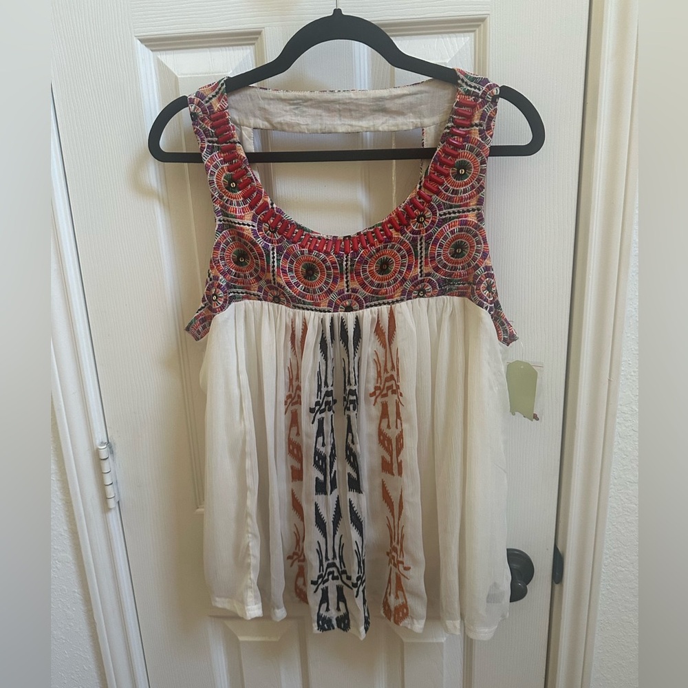 Akemi & Kin Boho Embroidered Sleeveless Beaded Blouse - Cream and Multicolor